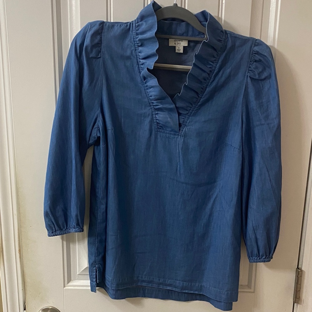 Crown & Ivy Denim Ruffled V-Neck Women's Top